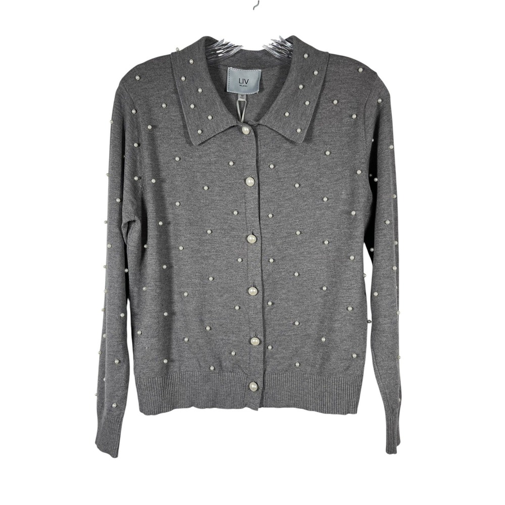 New LIV Milano Sz M Sweater Gray Pearl Studded Button Collared Soft Cardigan NWT